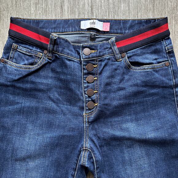 CAbi Dark Wash Mid-Rise Navy/Red Waistband Button Fly Skinny Denim Jeans Size 8 - Picture 3 of 9